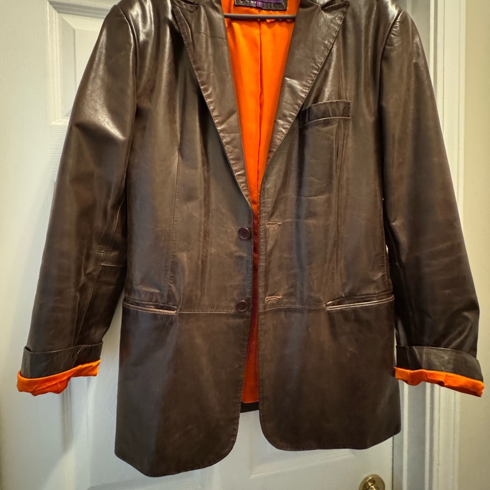Kuhl Dark Brown Leather Jacket with Bright Orange Lining